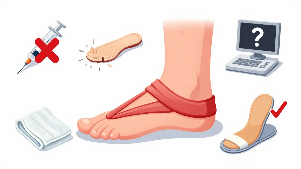 Anatomical cartoon of foot with plantar fascia as a rubber band, comparing effective and ineffective treatments.