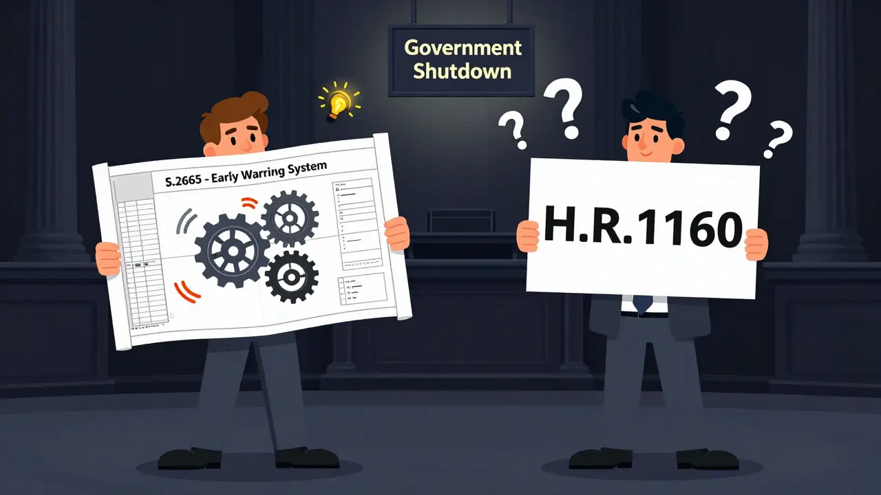 Contrasting bills: one detailed and functional, the other blank, in an empty Congress under a shutdown sign.