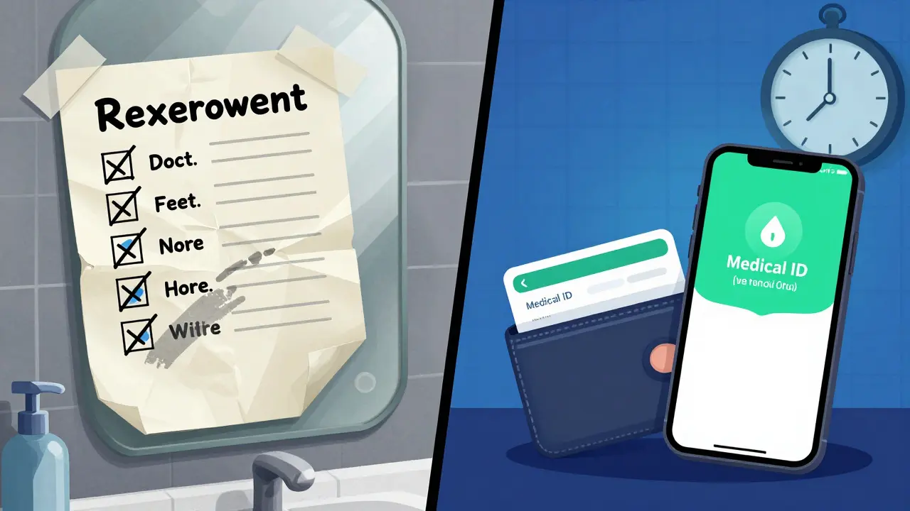 Contrasting outdated handwritten meds on a mirror with a clean digital and paper emergency list in wallet.