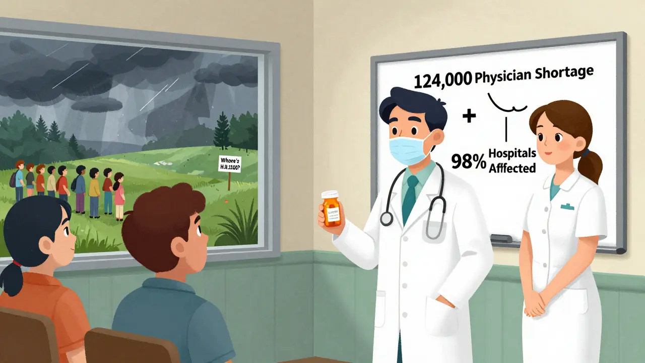 Doctor gives empty pill bottle to patient in rural clinic while whiteboard shows massive healthcare worker shortage.
