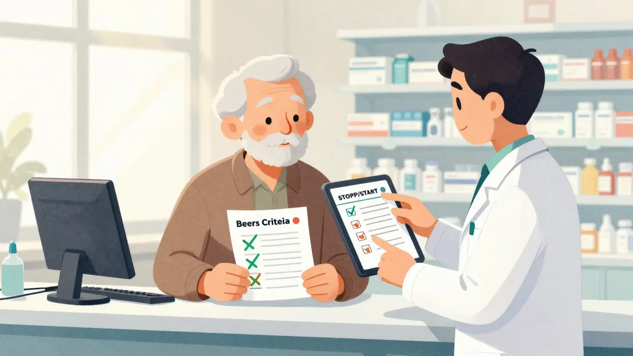 Elderly man and pharmacist reviewing a simplified medication list with crossed-out pills at a pharmacy.