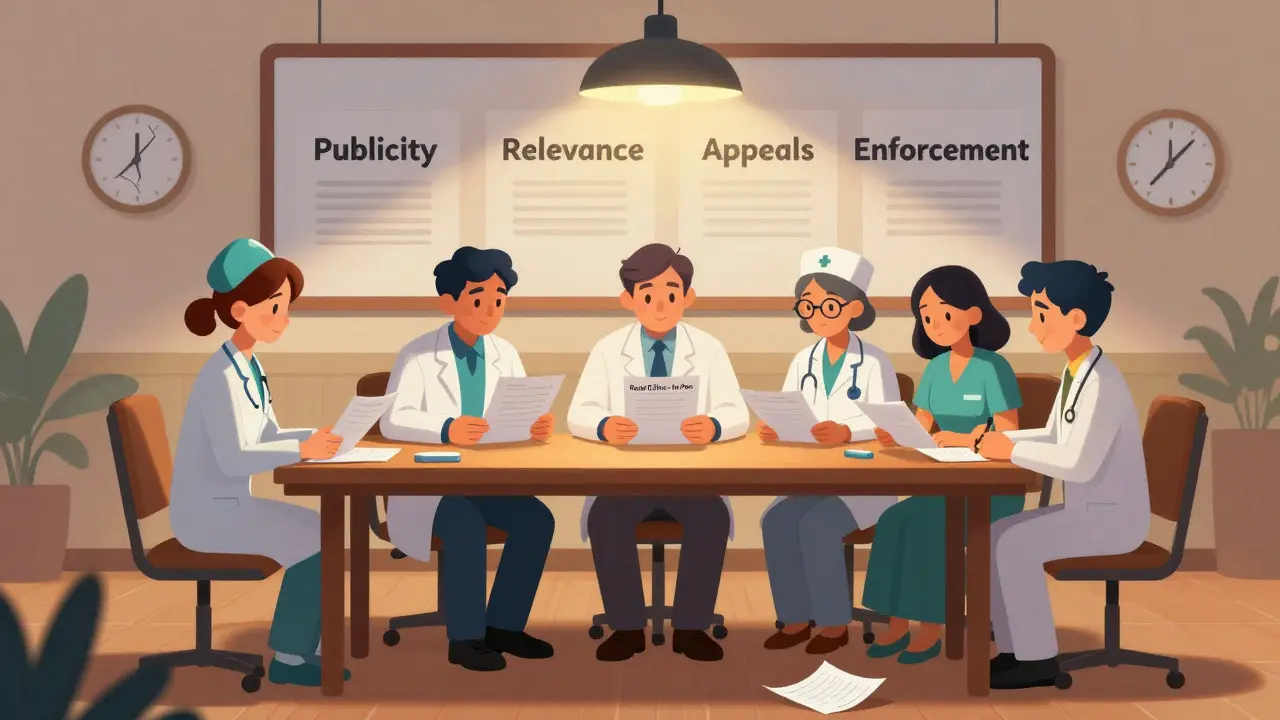 Ethics committee reviewing rationing rules, one file marked 'Rural Clinic - No Plan' on the floor.