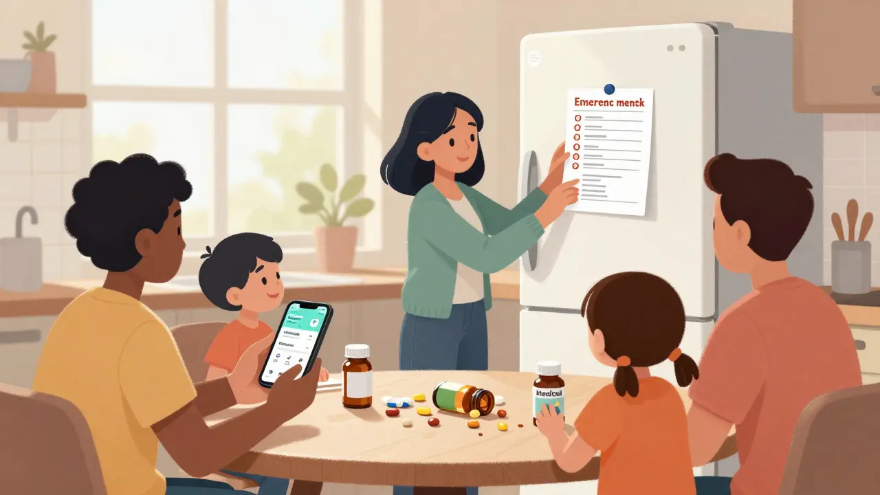 Family reviewing a printed medication list on the kitchen table with a smartphone displaying Medical ID.