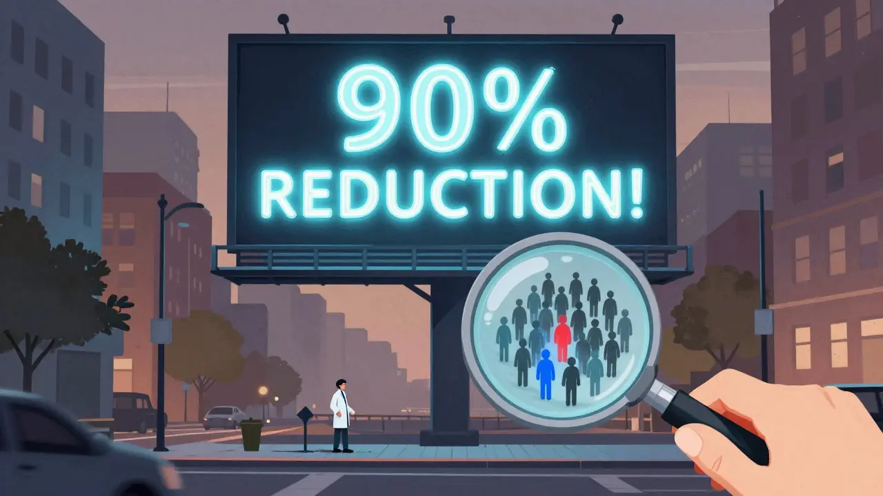 Giant drug ad saying '90% reduction' above a tiny group of people where only one risk dot changes.