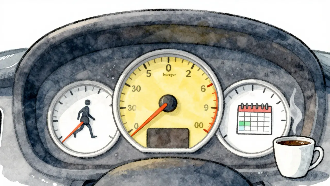 Human body as a dashboard with gauges for hunger, metabolism, and activity level