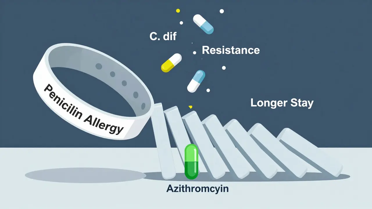 Medical alert bracelet with penicillin allergy, surrounded by dangerous antibiotic dominoes.