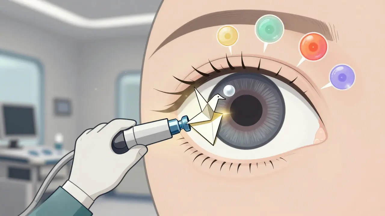 Modern cataract surgery illustration with ultrasound probe removing a cloudy lens as a foldable intraocular lens unfolds inside the eye.