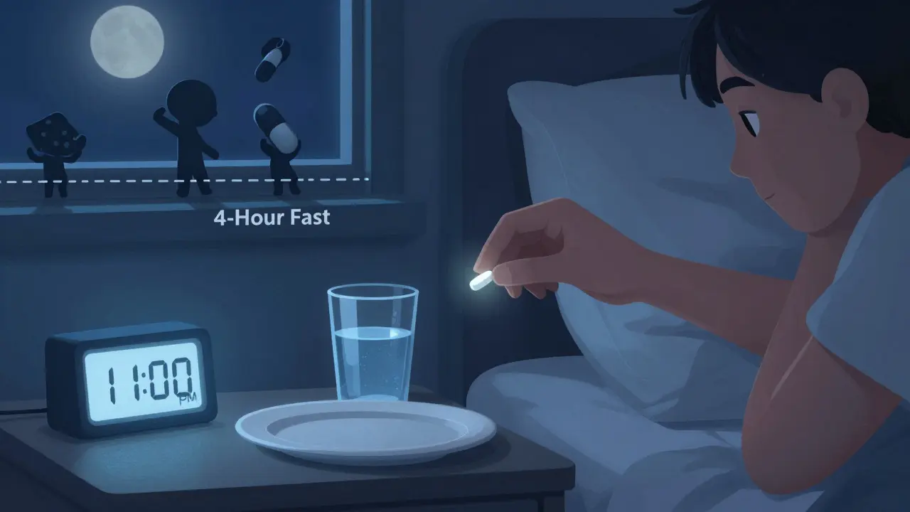 Nighttime dose of levothyroxine taken 4 hours after dinner, with fasting symbols visible.