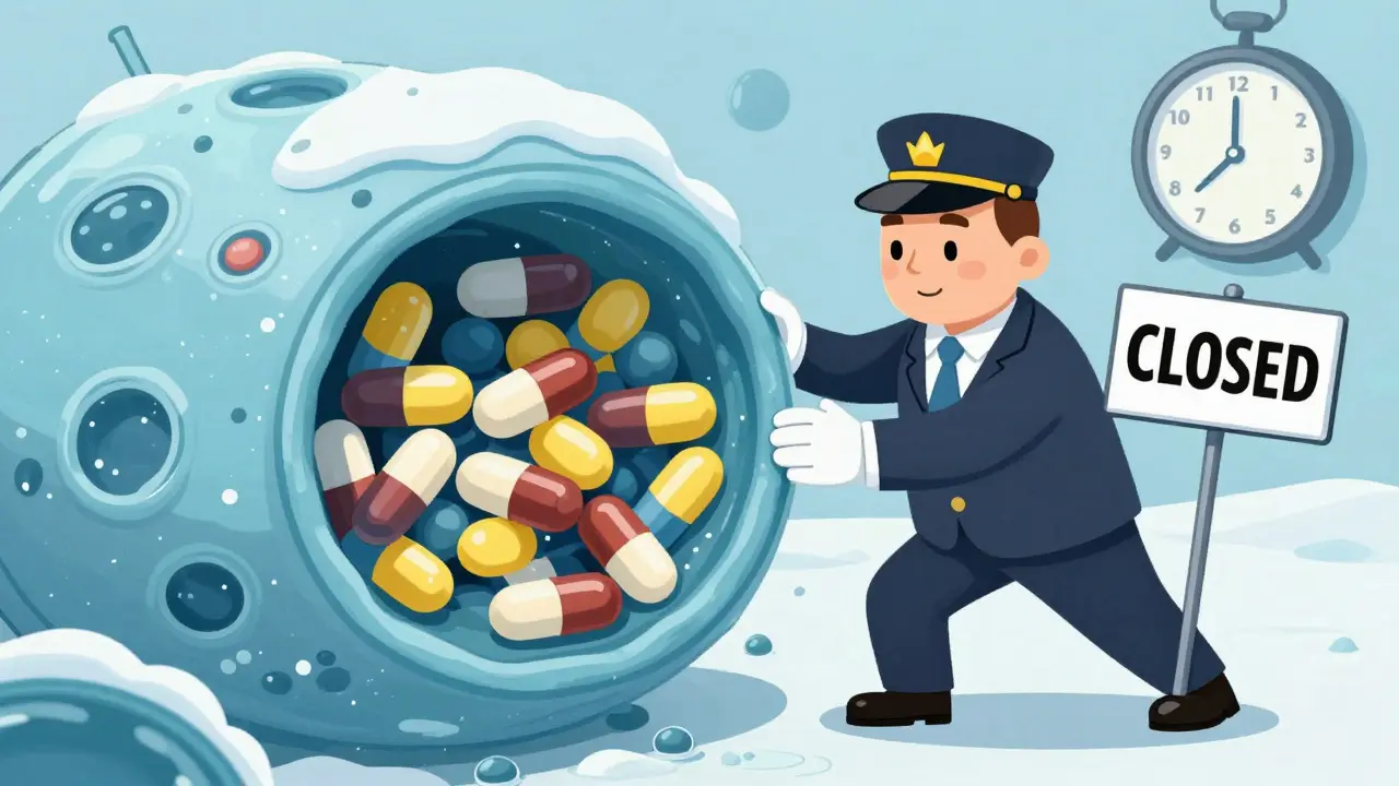 P-glycoprotein bouncer blocked by amiodarone as digoxin pills pile up inside a cell.