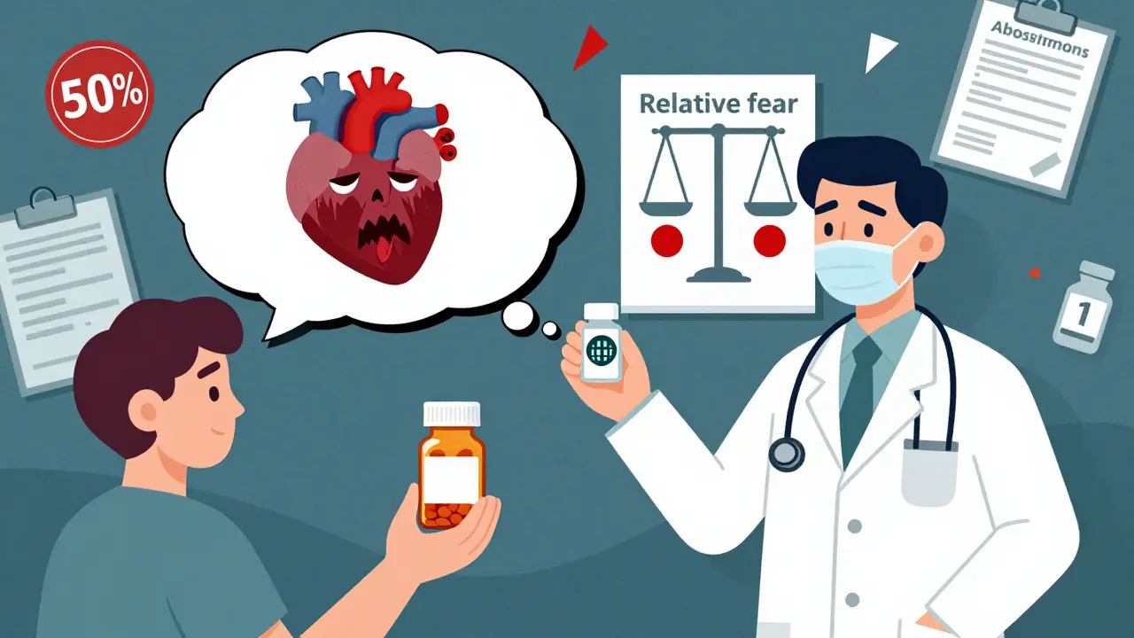 Patient's thought bubble showing fear of heart attack vs. doctor explaining real risk with pictogram.
