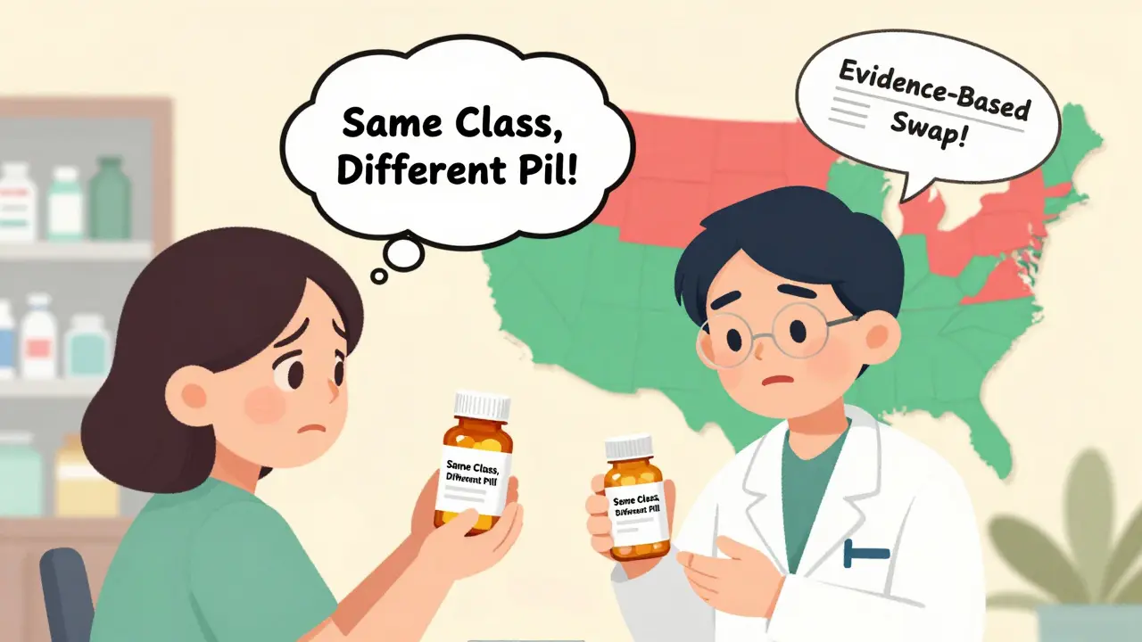 Patient holds two different pills with explanation bubble, state map shows regional rules for drug swaps.