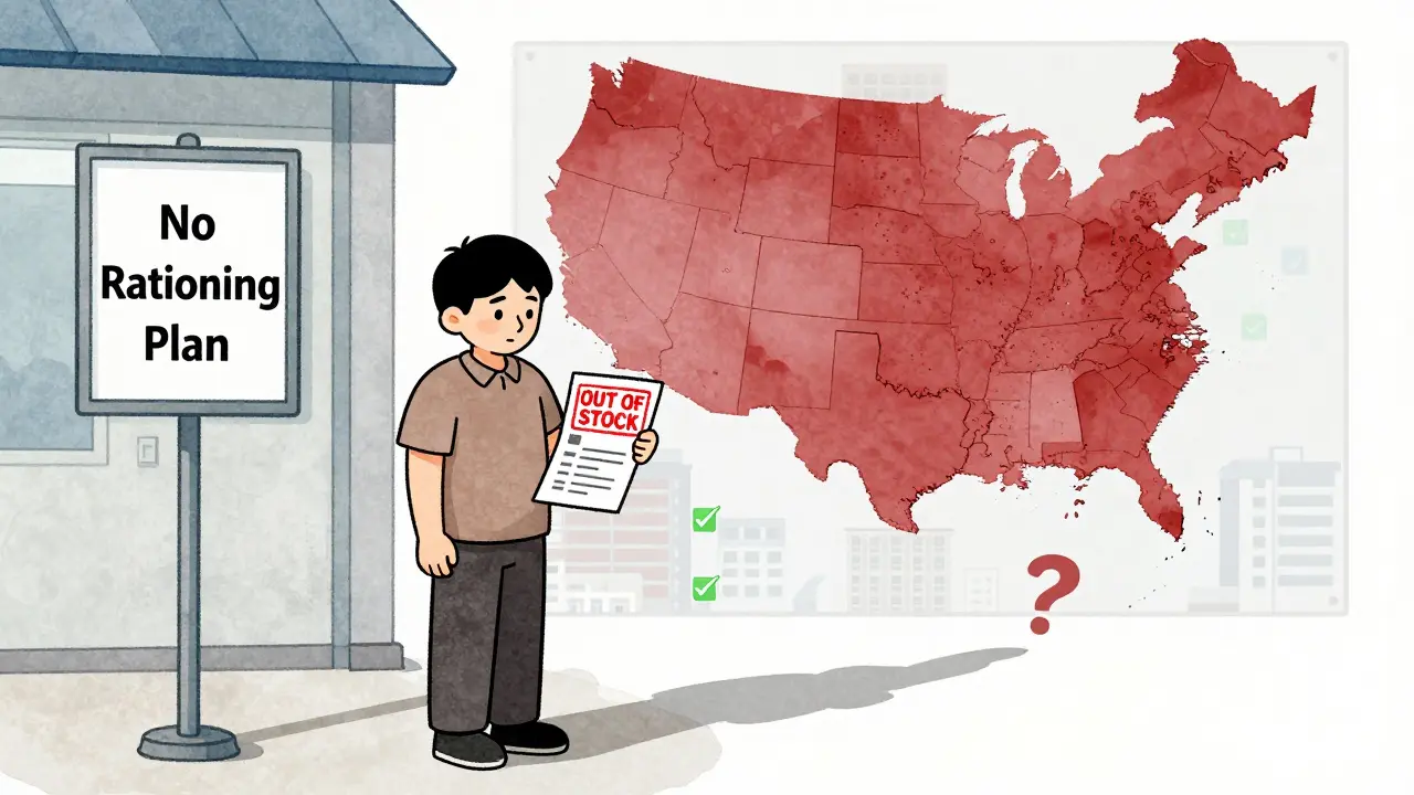 Patient with empty prescription stands outside clinic labeled 'No Rationing Plan,' shadow forms a question mark.