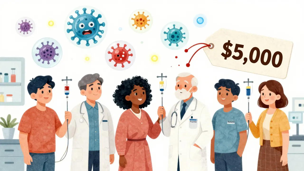 Patients receiving biosimilar infusions while cancer cells are neutralized by glowing antibodies.