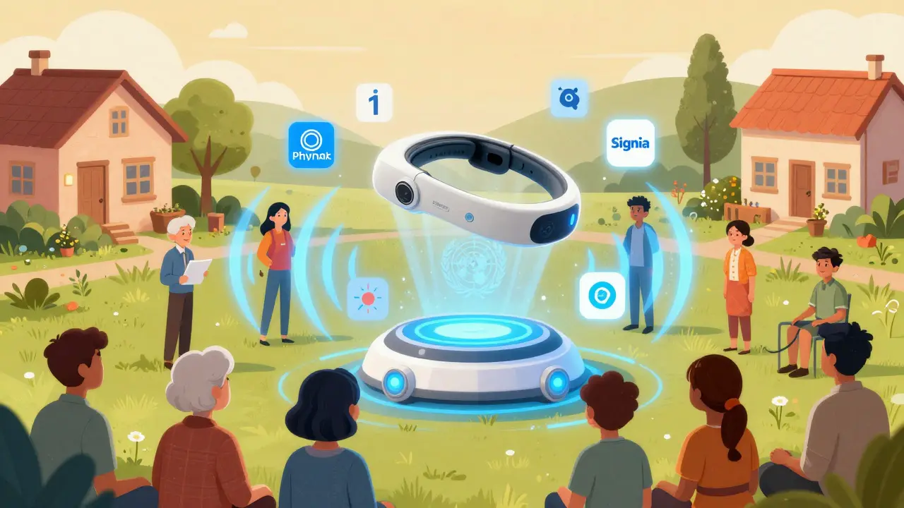 People worldwide connected by digital audio waves to a central AI hearing care hub.
