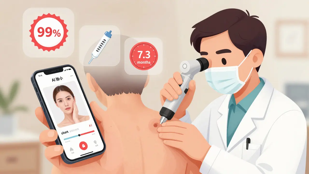 Person using skin app with dermatologist examining mole using dermoscope.