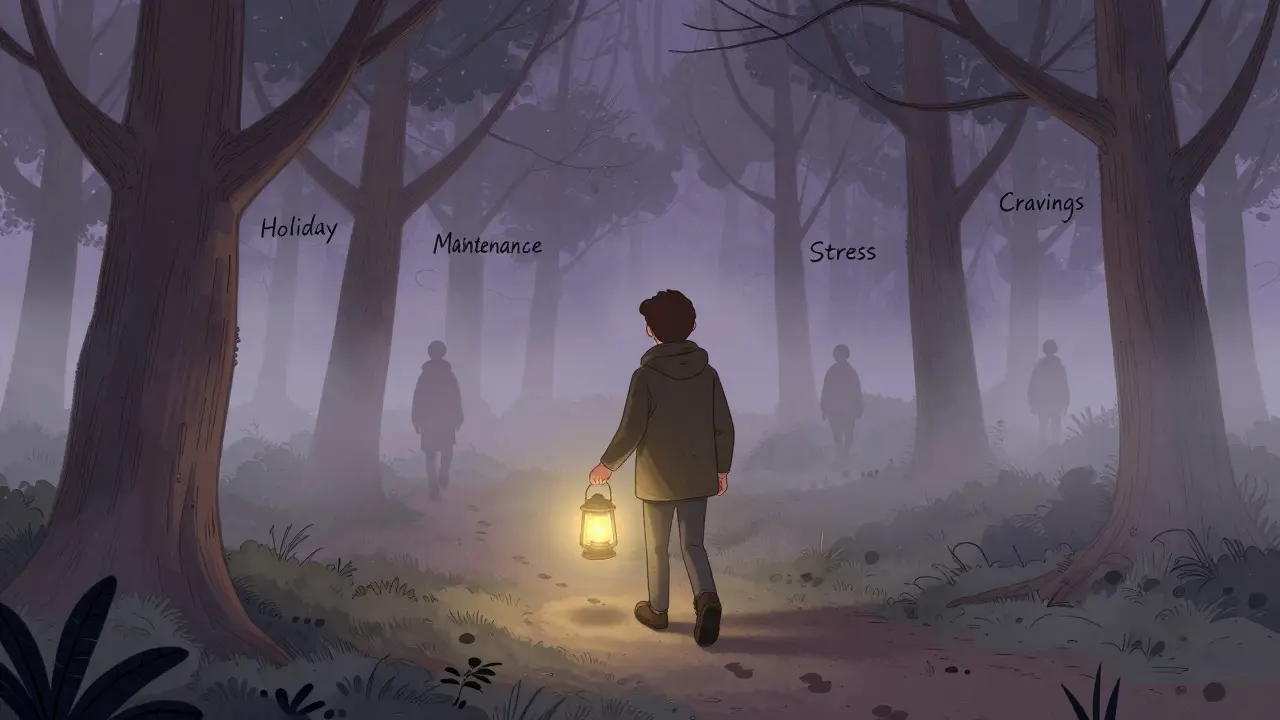 Person walking with a lantern labeled 'Maintenance' through a foggy forest of temptations