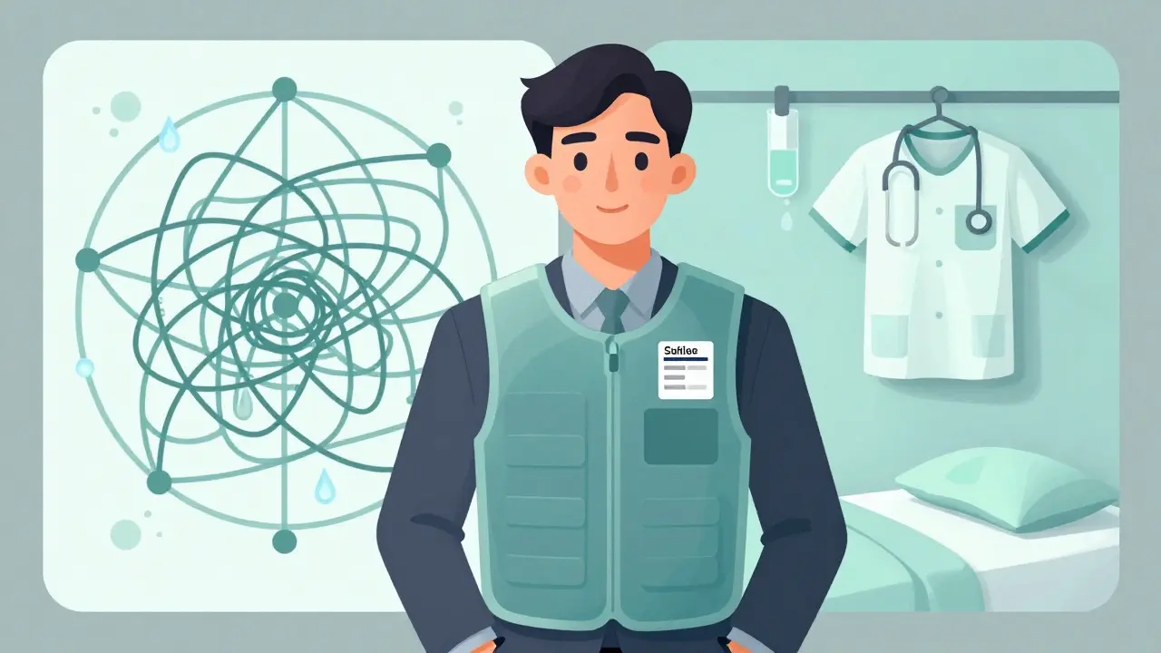 Person wearing a cooling vest under a blazer, receiving a prescription from a doctor, with medical diagrams in the background.