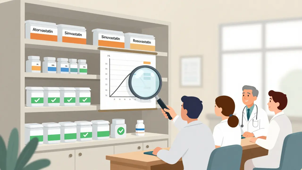 Pharmacy shelf shows equivalent cholesterol drugs ranked by cost and effectiveness, team reviewing data.