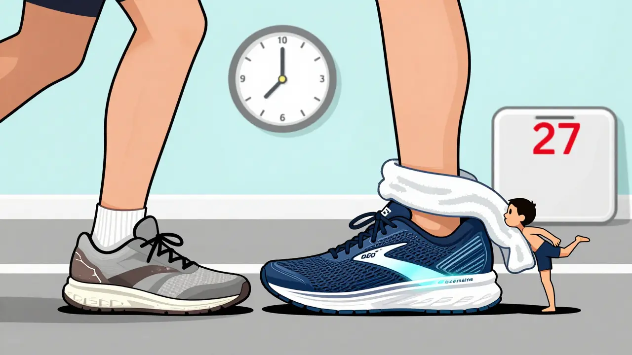 Runner switching from worn-out shoes to supportive footwear with a towel stretch, showing proper treatment approach.