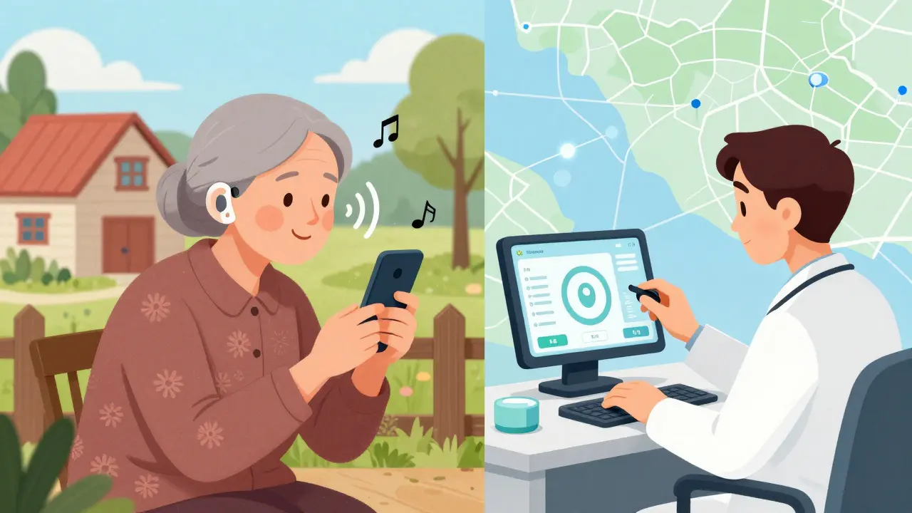 Rural woman taking a remote hearing test on her phone, audiologist adjusting settings remotely.