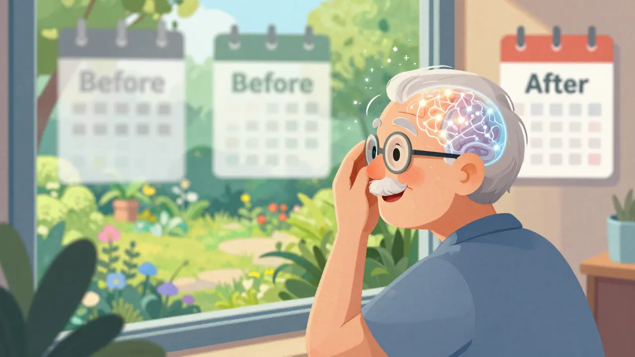Senior enjoying a vibrant garden after cataract surgery, with brain pathways lighting up and before/after visual contrast visible.