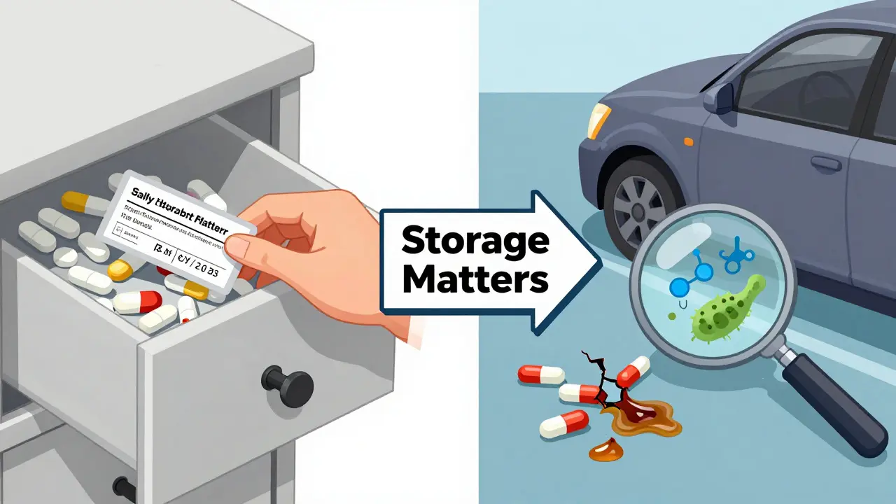 Side-by-side comparison of properly stored vs. damaged expired medications, highlighting the impact of heat and moisture.