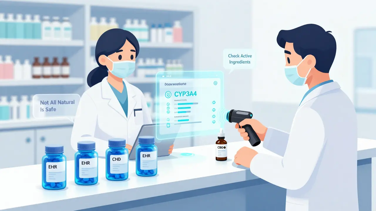 Smart pill bottles syncing with EHR system while clinician scans CBD supplement with barcode scanner.