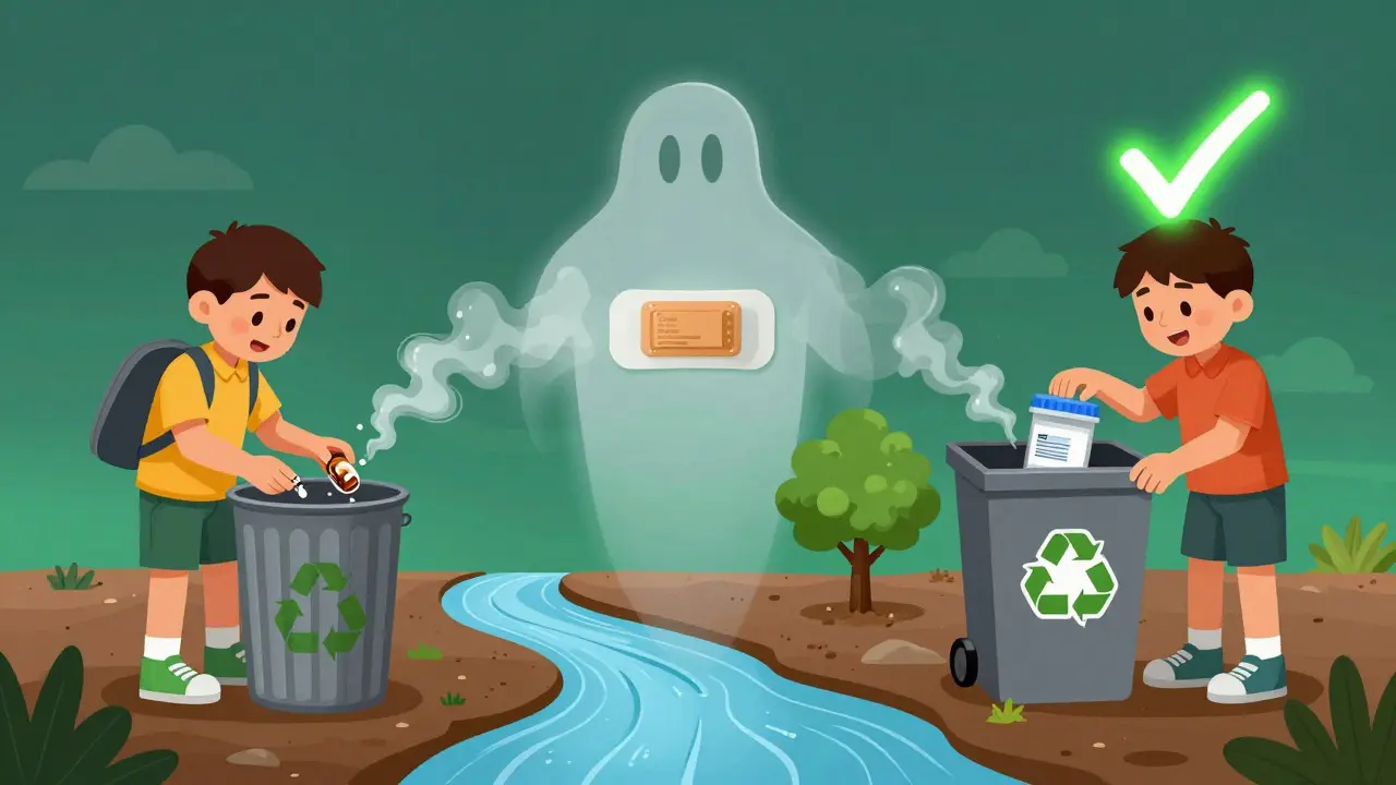 Split scene: child finding pills in trash vs. safely disposing them in a take-back bin, with a clean river below.