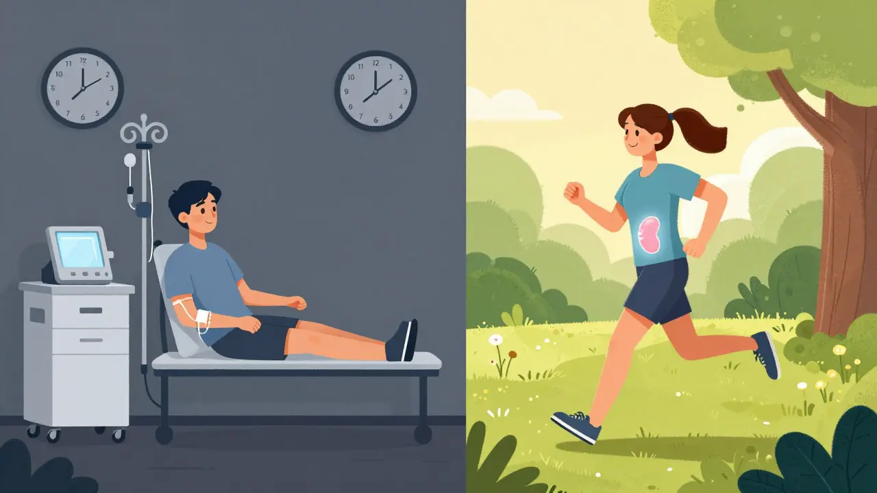 Split scene: one side shows dialysis in a dull room, the other shows the same person jogging freely in a sunny park.