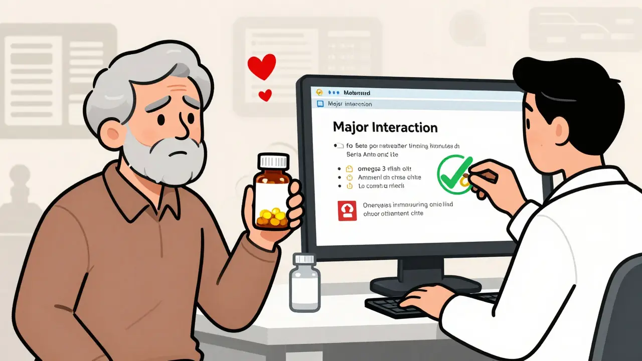Split scene showing hidden vitamin K in multivitamin and pharmacist identifying major drug interaction.