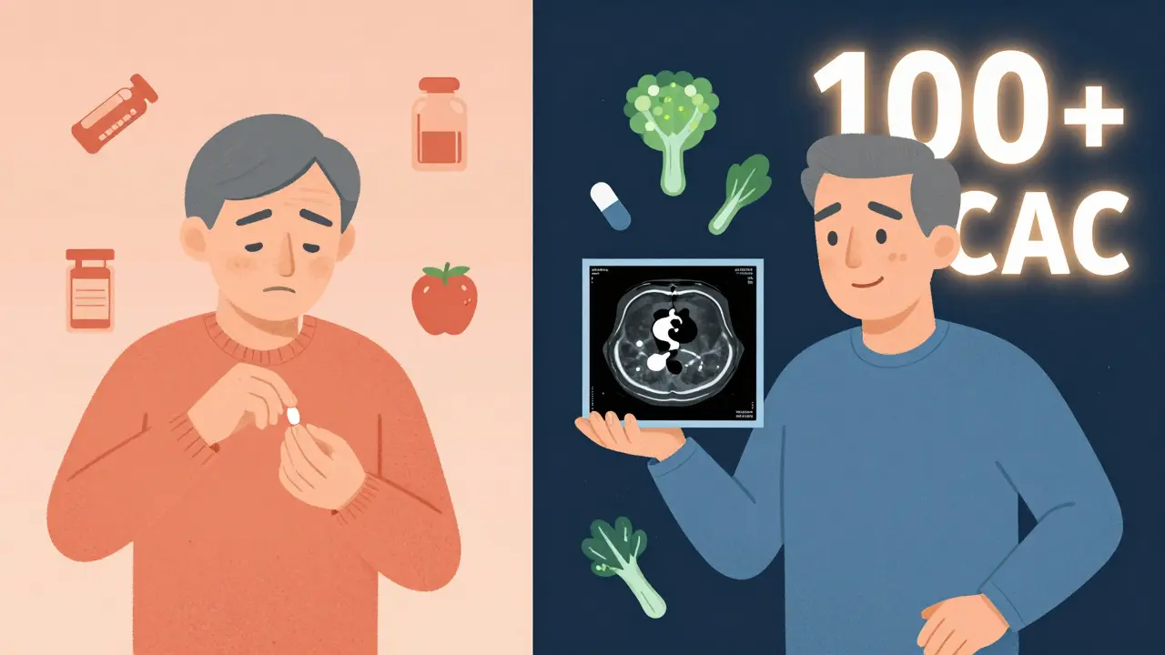 Split scene: someone taking aspirin vs. getting a calcium scan with statins and vegetables as healthier alternatives.