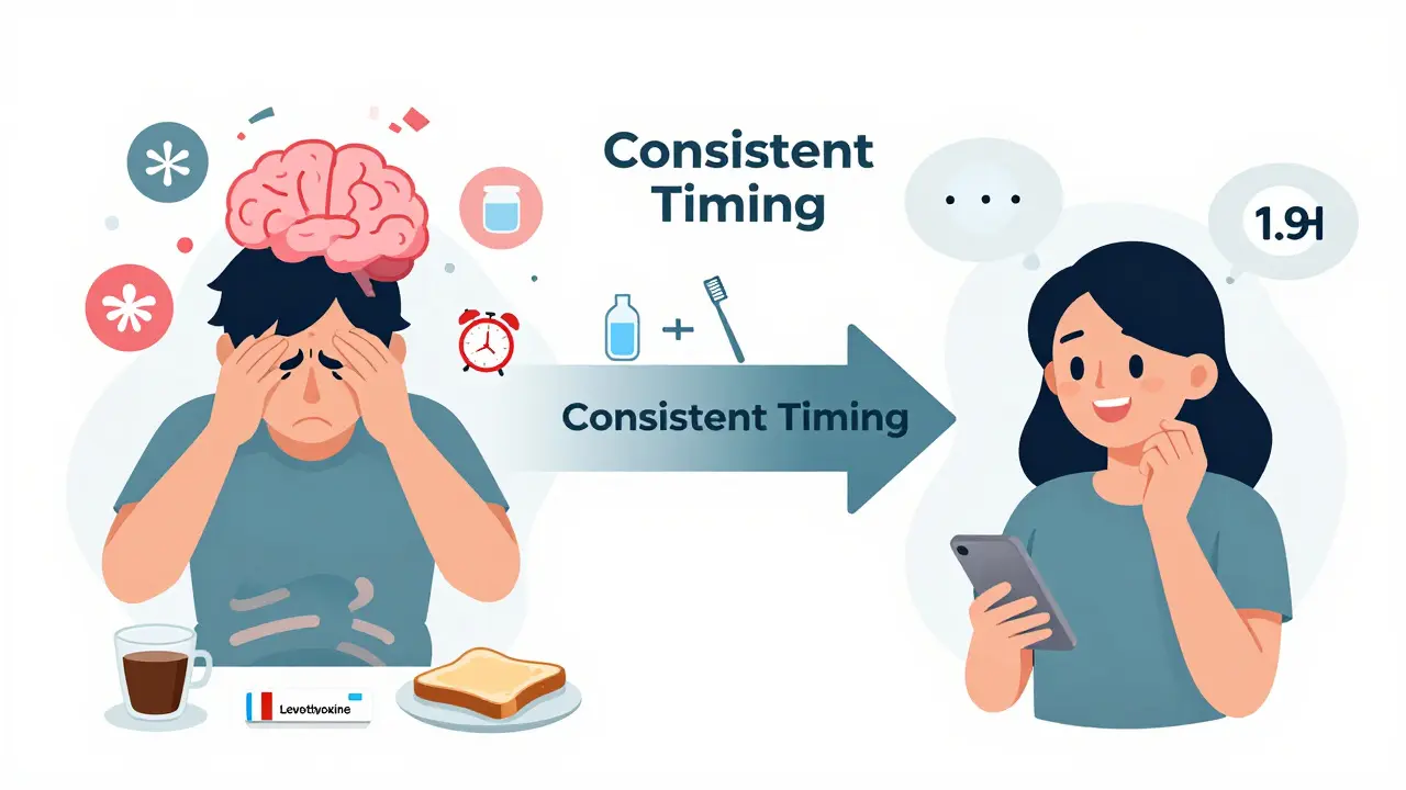 Split-screen: poor absorption with food vs. proper timing leading to energy and balance.