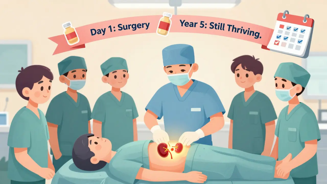 Surgeon placing a glowing kidney during transplant, with floating pills and a timeline showing long-term success.