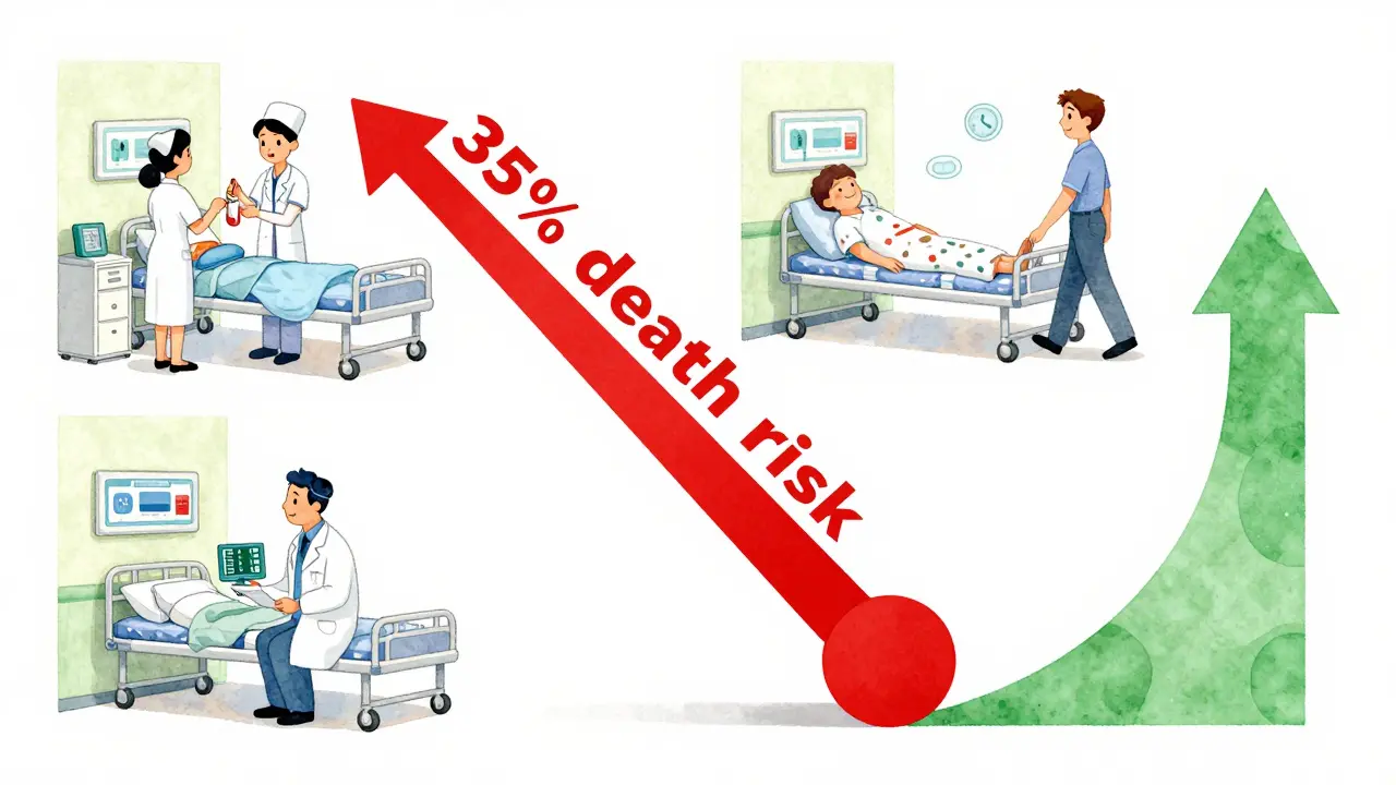 Three hospital floors showing consequences of ignoring vs. managing digoxin-amiodarone interaction.