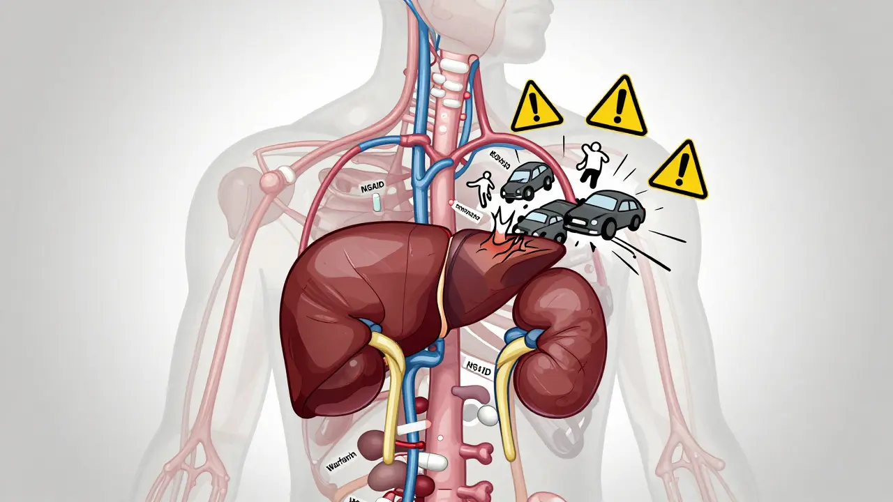 Transparent human body showing dangerous drug interactions in liver and kidneys with warning symbols.