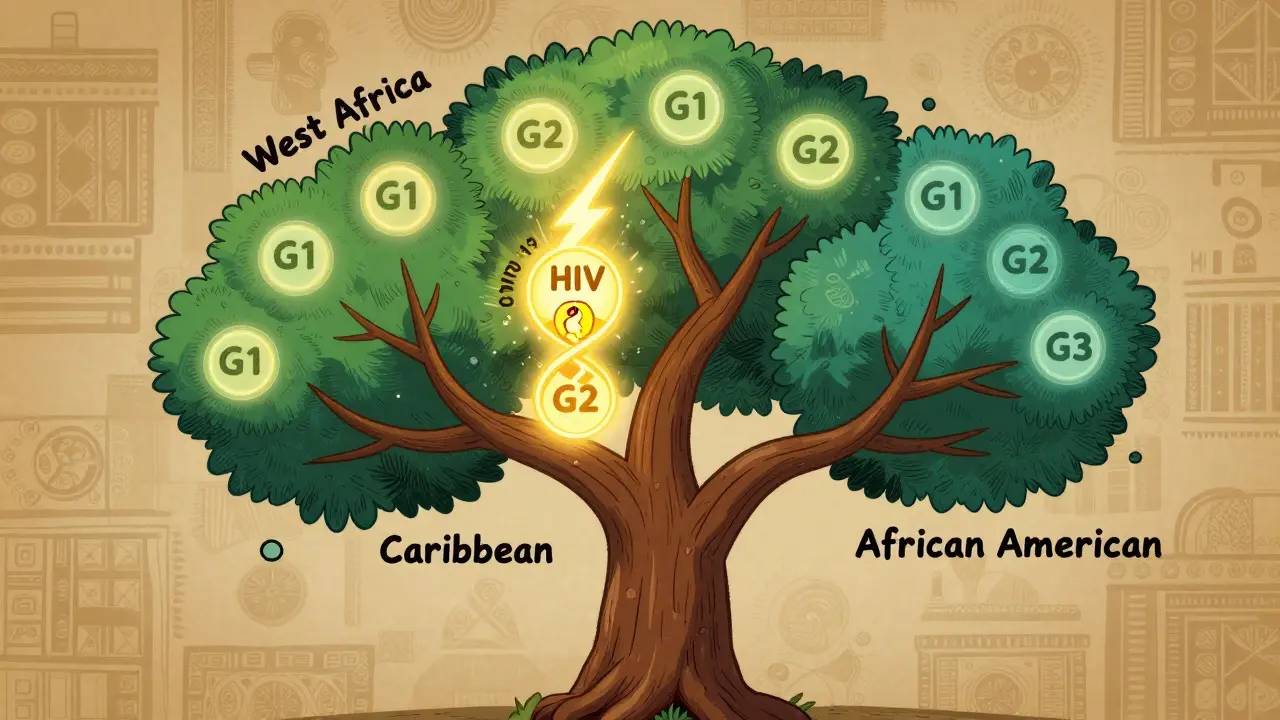 A family tree showing APOL1 genetic variants spreading from West Africa to the Americas, triggered by infection.