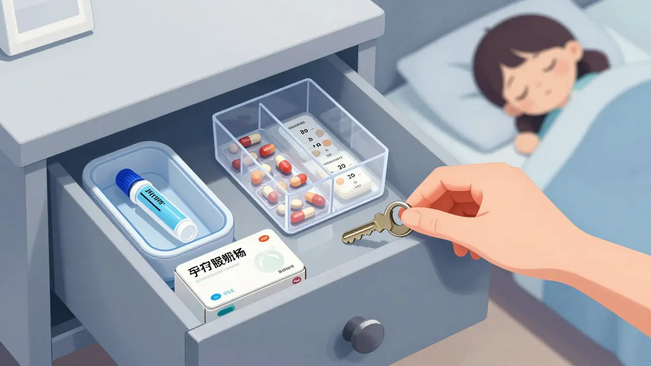 A locked bedroom drawer with labeled compartments for medications, including a mini-fridge for insulin and a pill organizer.