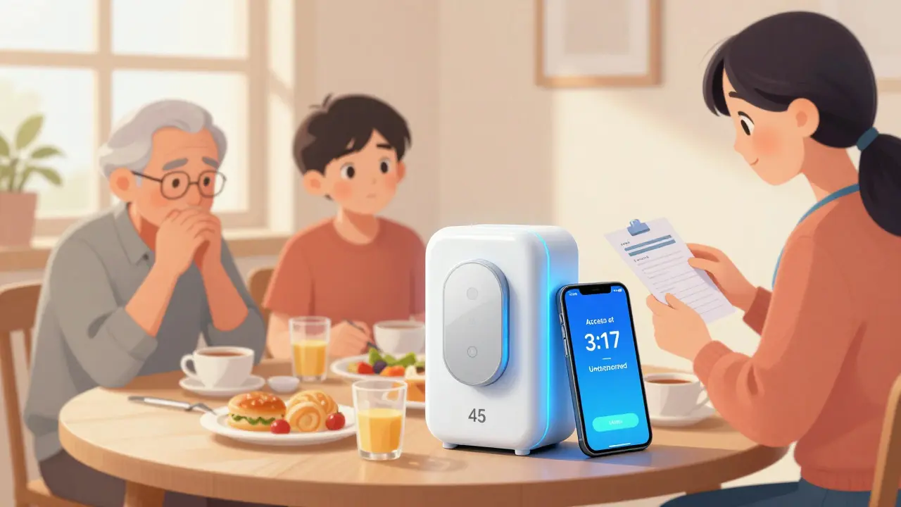 A smart medicine lockbox glowing blue with a phone alert showing unauthorized access, while a family shares breakfast nearby.