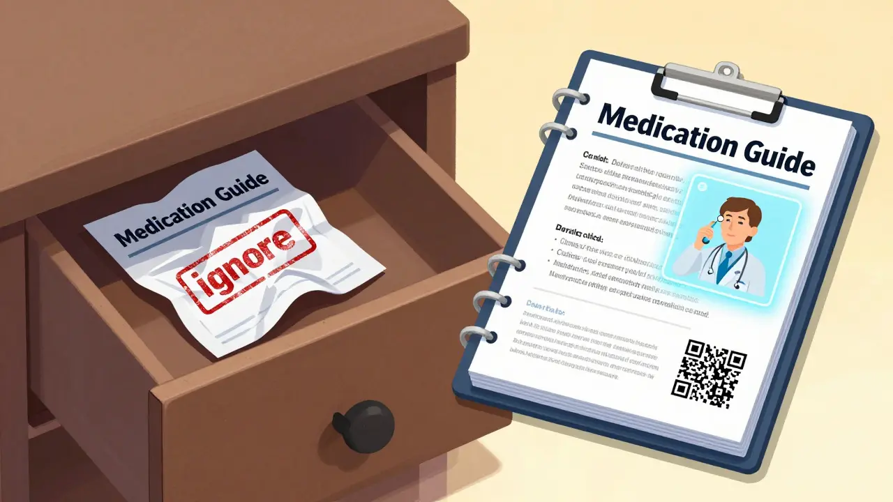 A split scene shows a neglected Medication Guide on the left and an organized, glowing one with a QR code on the right, symbolizing awareness.