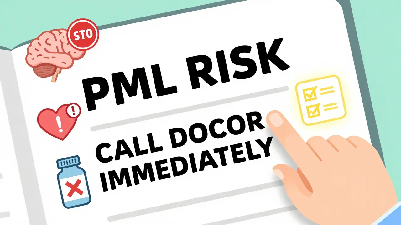 An open Medication Guide displays bold risk warnings with simple icons for brain, heart, and pill hazards, highlighted by a pointing hand.