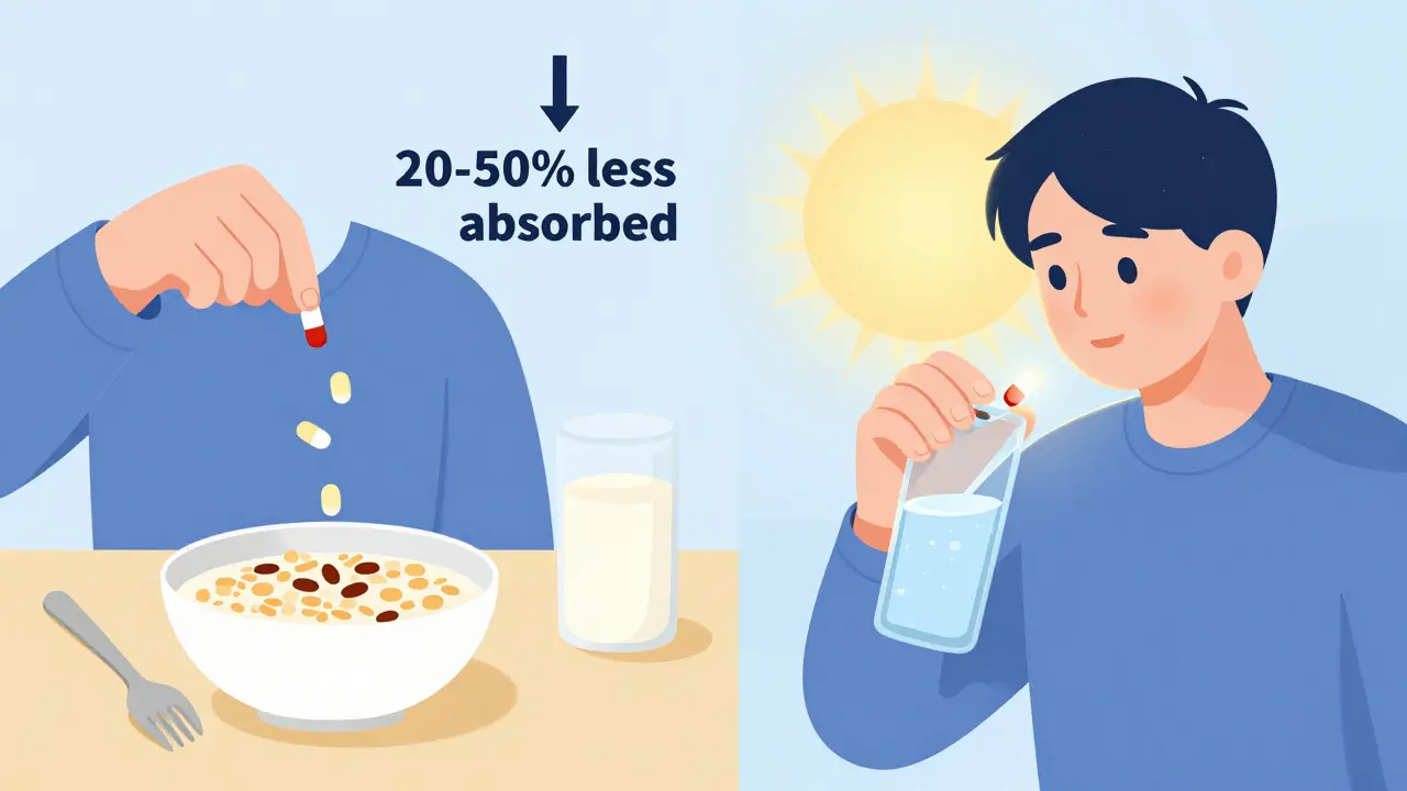 Contrasting images of taking thyroid medication with food versus on empty stomach, showing absorption differences.