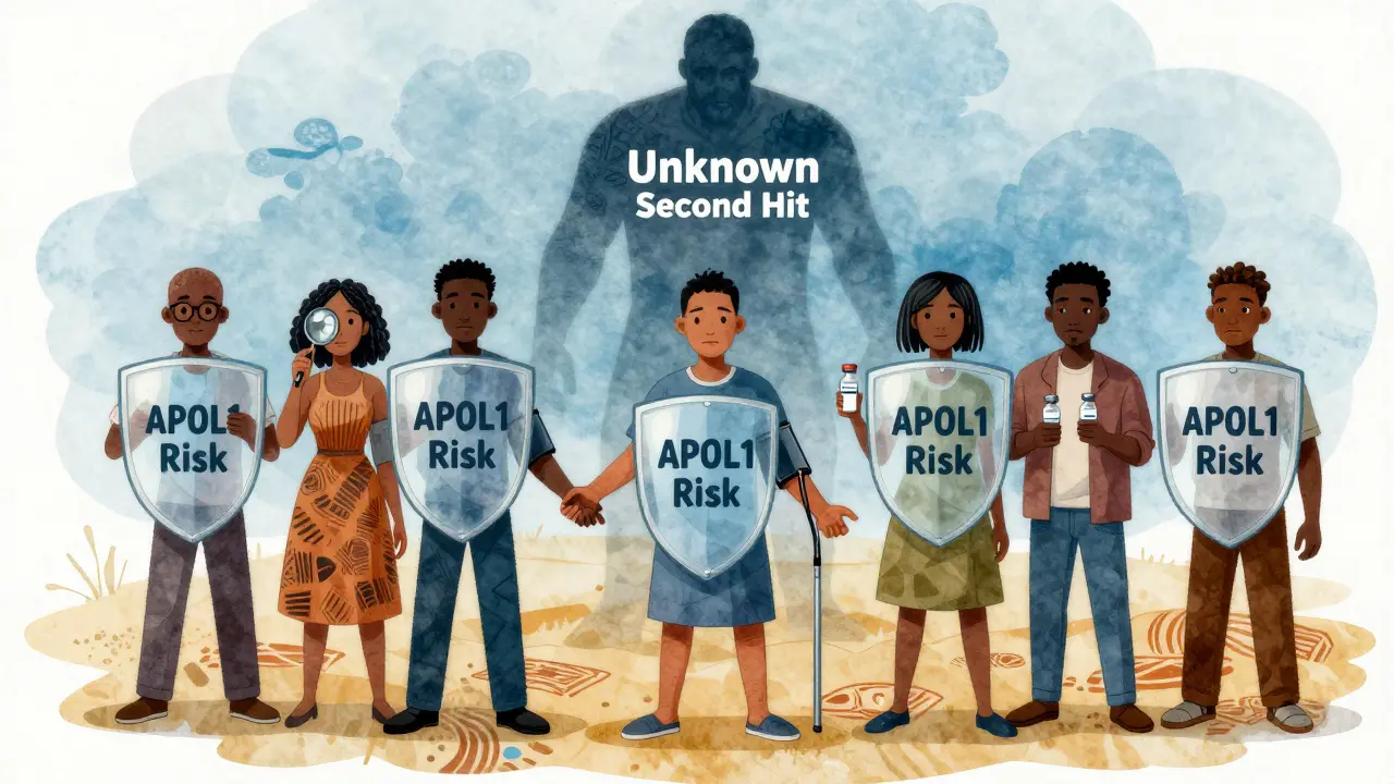 Diverse individuals taking preventive health actions against APOL1-related kidney risk, with a hidden threat in the background.