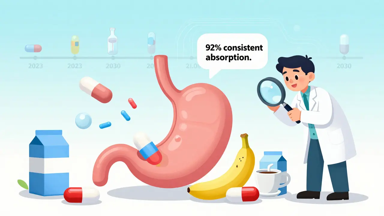 Futuristic pill with smart coating absorbs evenly while traditional pill is blocked by food