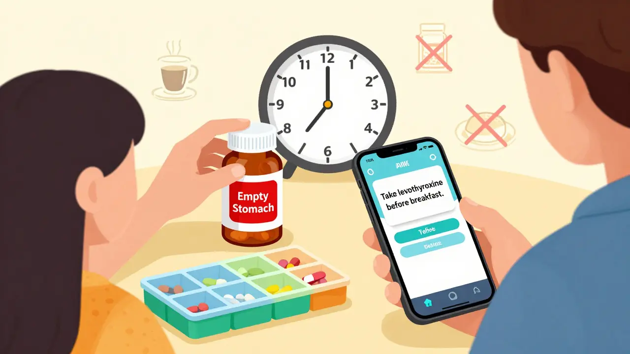 Pharmacist applying red 'empty stomach' sticker to pill bottle beside a smartphone alert