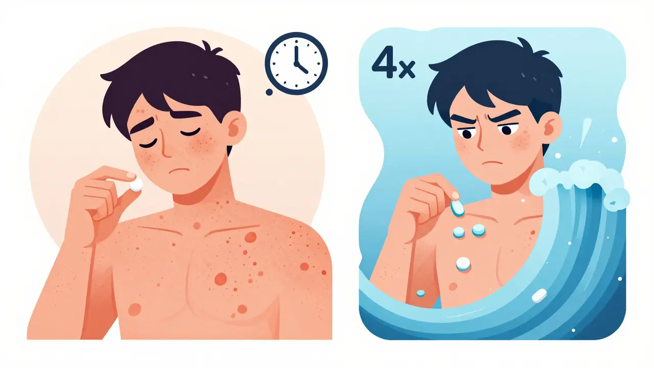 Split illustration showing the effect of one antihistamine pill versus four pills on reducing hives.