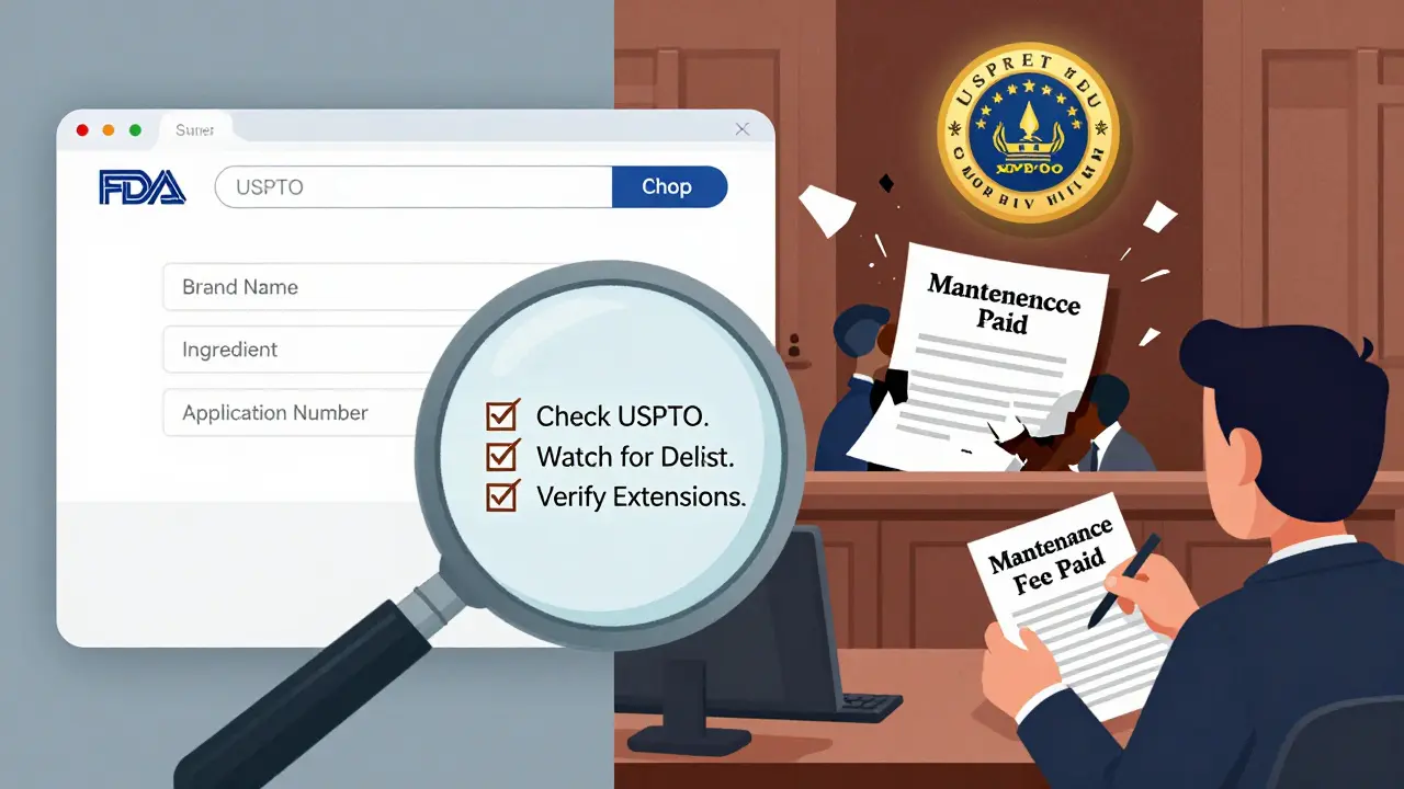 Split scene: FDA Orange Book web interface on one side, patent legal battle on the other, connected by a magnifying glass with verification checklist.