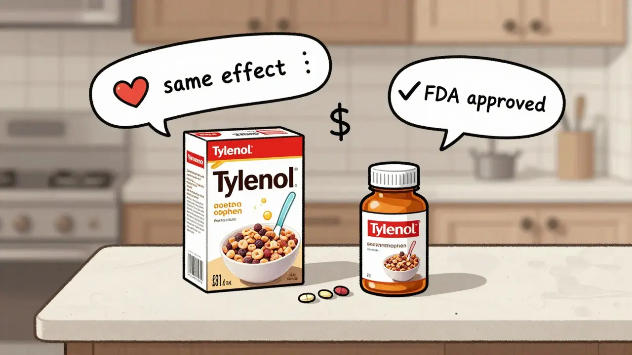 Store-brand cereal and generic pill side by side with icons showing same medicine, same effect, lower price.