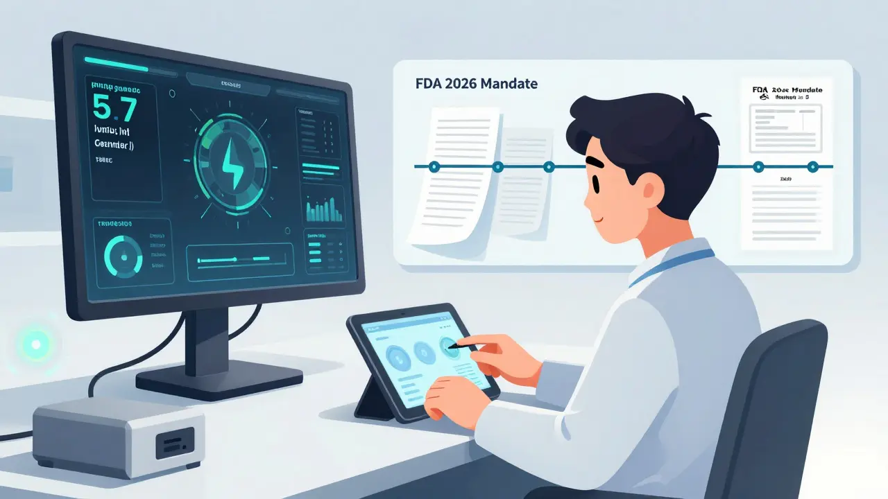 Technician monitoring digital calibration system as paper records transition to electronic compliance.