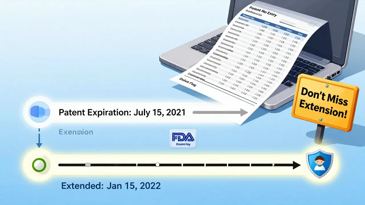Two expiration timelines for a drug, one original and one extended with a pediatric badge, beside CSV data files and a warning sign.
