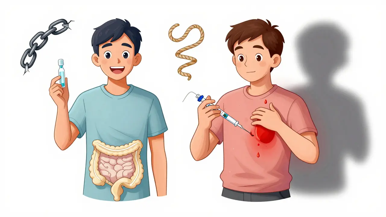 Two patients: one cured by colostomy surgery for ulcerative colitis, the other managing recurring Crohn's with biologic treatment.